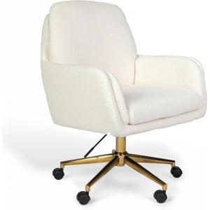 Martha Stewart Clara Swivel Task Chair with Double Cushions for Home Office in Off White Boucle with Polished Brass Frame(Off White Boucle/Polished Brass Frame)