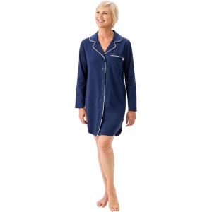 Martha Stewart Classic Long Sleeve Nightshirt for Women | Cotton Notch Collar Striped Sleepwear | Timeless and Elegant(Medieval Blue)