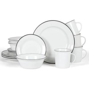 Martha Stewart Cliffield 16-Piece Porcelain Chip and Scratch Resistant Dinnerware Set – White w/Black Rim(White w/ Black Rim)