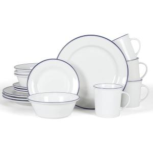 Martha Stewart Cliffield 16-Piece Porcelain Chip and Scratch Resistant Dinnerware Set – White w/Black Rim(White w/ Blue Rim)