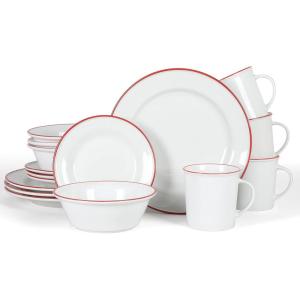 Martha Stewart Cliffield 16-Piece Porcelain Chip and Scratch Resistant Dinnerware Set – White w/Black Rim(White w/ Red Rim)