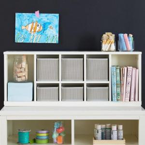 Martha Stewart Crafting Kids’ Cubby Organizer – Linen White: Wooden Tabletop Art Storage with Removable Bins – Cube Shelving(Creamy White)