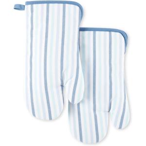 Martha Stewart Daisy Stripe Oven Mitt Set 2-Pack, Beige/Brown, 7″x13″(Blue)