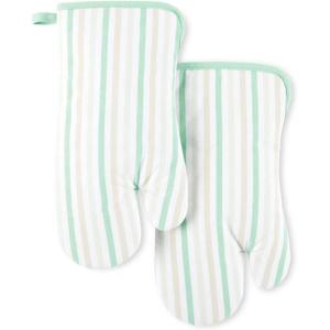 Martha Stewart Daisy Stripe Oven Mitt Set 2-Pack, Beige/Brown, 7″x13″(Mint)