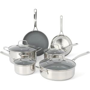 Martha Stewart Delaroux 10 Piece Stainless Steel Pots and Pans Kitchen Cookware Set w/PFAs Free Premium Nonstick Ceramic Interior