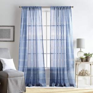 Martha Stewart Delicate Stripe Sheer Rod Pocket Window Curtain Panel Pair for Living Room, 84″, White(Indigo)