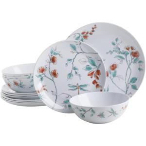 Martha Stewart Dragonfly 12 Piece Decorated Melamine Dinnerware Set – White(White)