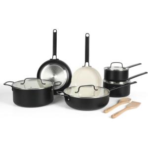 Martha Stewart Emmeline Premium Nonstick PFA Free Ceramic Interior 12 Piece Heavy Gauge Enamel Aluminum Pots and Pans Cookware Set – Linen White(Black)