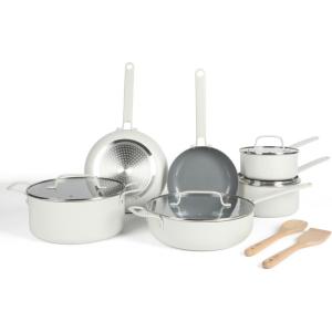 Martha Stewart Emmeline Premium Nonstick PFA Free Ceramic Interior 12 Piece Heavy Gauge Enamel Aluminum Pots and Pans Cookware Set – Linen White(Linen White)