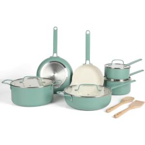 Martha Stewart Emmeline Premium Nonstick PFA Free Ceramic Interior 12 Piece Heavy Gauge Enamel Aluminum Pots and Pans Cookware Set – Linen White(Teal)