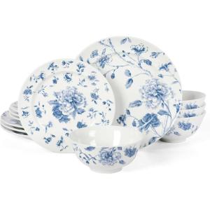 Martha Stewart Empress Bouquet 12-Piece Decorated Porcelain Chip and Scratch Resistant Dinnerware Plates and Bowls Set – Blue Floral(Blue Floral)