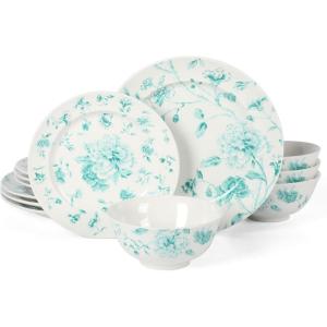 Martha Stewart Empress Bouquet 12-Piece Decorated Porcelain Chip and Scratch Resistant Dinnerware Plates and Bowls Set – Teal Floral