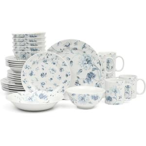 Martha Stewart Empress Bouquet Decorated Porcelain Dinnerware Plates and Bowls Set – Blue Floral, Service for 6 (30pcs)(Blue Floral)