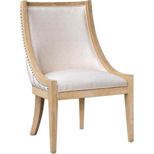 Martha Stewart Farmhouse Dining Room Chair, Recessed Arm Chair for Bedrooms, Nailhead Trim, Solid Wood Legs, Upholstered Reading Accent Chairs for Living Room, Kitchen Décor, Elmherst – Linen Color(Beige Stripe)