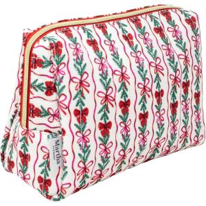 Martha Stewart Festive Quilted Makeup Bag, Compact Cosmetic Organizer for Women, Small Zipper Pouch with PVC Lining, 8.75″ x 4″ x 6″ (Holiday Bow Stripe)