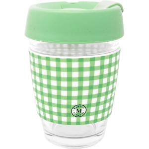 Martha Stewart Glass Tumbler, 12 Ounce Travel Coffee Mug with Splashproof Lid & Green Gingham Silicone Sleeve, Hot or Cold Beverages, Arcadian Green Gingham