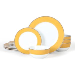 Martha Stewart Gracie Lane 12-Piece Porcelain Decorated Chip and Scratch Resistant Dinnerware Set – Martha Blue w/Gold Rim(Gold w/ Gold Rim)