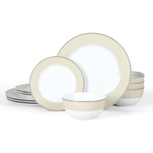 Martha Stewart Gracie Lane 12-Piece Porcelain Decorated Chip and Scratch Resistant Dinnerware Set – Martha Blue w/Gold Rim(Grey w/ Gold Rim)