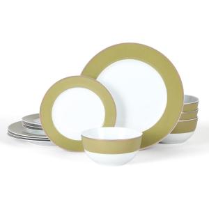 Martha Stewart Gracie Lane 12-Piece Porcelain Decorated Chip and Scratch Resistant Dinnerware Set – Martha Blue w/Gold Rim(Olive Green w/ Gold Rim)