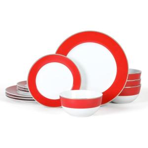 Martha Stewart Gracie Lane 12-Piece Porcelain Decorated Chip and Scratch Resistant Dinnerware Set – Martha Blue w/Gold Rim(Persimmon w/ Gold Rim)