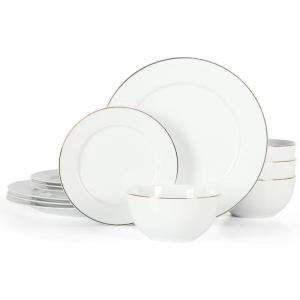 Martha Stewart Gracie Lane 12-Piece Porcelain Decorated Chip and Scratch Resistant Dinnerware Set – Martha Blue w/Gold Rim(White w/ Gold Band)