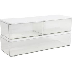 Martha Stewart Grady Clear Plastic Stackable Storage Boxes with White Plastic Lids, Set of 3(Clear/White Engineered Top)