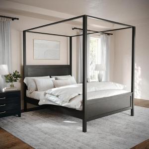 Martha Stewart Hayes Canopy Platform Bed with Wood Headboard and Footboard, Solid Wood Frame, No Box Spring Needed, Queen Size, Dark Gray