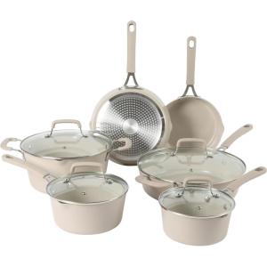 Martha Stewart Heathland Premium Nonstick PFA Free Ceramic Interior 10-Piece Tapered Aluminum Cookware Set – Linen White(Taupe)