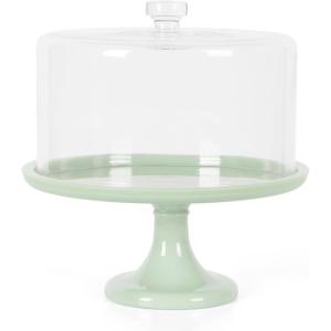 Martha Stewart Highbrook 10-Inch Jadeite Cake Stand with Glass Dome – Vintage-Style Pedestal Dessert Plate for Cakes and Pastries, Decorative Covered Serving Platter(Green (10″))