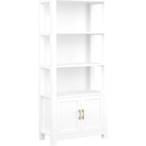 Martha Stewart Hutton Four Tier Shaker Bookcase with Storage Cabinet in Gray Washed Wood with Oil Rubbed Bronze Hardware(White Frame/Polished Brass Hardware)
