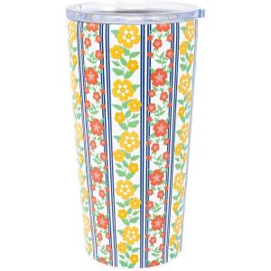 Martha Stewart Insulated Coffee Tumbler, 16 Ounce Stainless Steel Travel Mug with Lid, Double-Wall Design for Hot or Cold Beverages, Floral Stripe