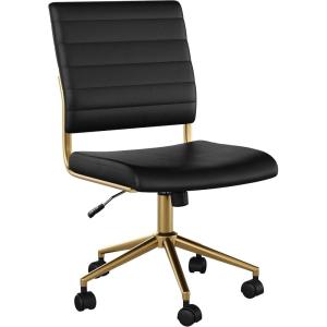 Martha Stewart Ivy Armless Swivel Task Chair for Home Office in White Faux Leather with Polished Brass Frame(Black Faux Leather/Polished Brass)