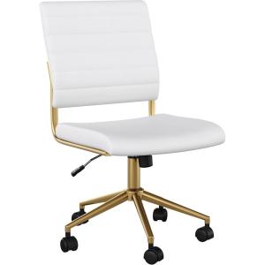 Martha Stewart Ivy Armless Swivel Task Chair for Home Office in White Faux Leather with Polished Brass Frame(White Faux Leather/Polished Brass)
