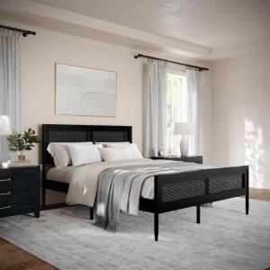 Martha Stewart Jax Platform Bed with Rattan Headboard and Footboard, Solid Wood Frame, Wooden Support Slats, No Box Spring Needed, Queen Size, Brown Gray(Black)