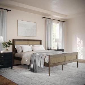 Martha Stewart Jax Platform Bed with Rattan Headboard and Footboard, Solid Wood Frame, Wooden Support Slats, No Box Spring Needed, Queen Size, Brown Gray(Brown Gray)