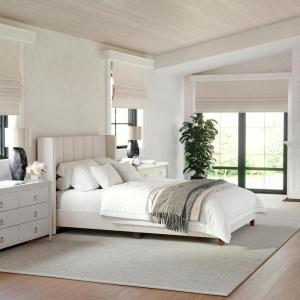 Martha Stewart Kay Low Profile Platform Bed with Wingback Headboard, Channel Stitched Faux Linen Upholstery, No Box Spring Needed, Full, Beige(Beige Fabric/Walnut Legs)