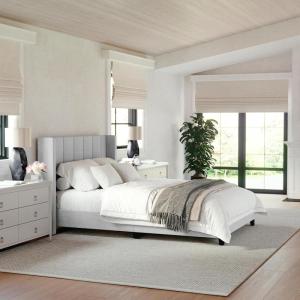 Martha Stewart Kay Low Profile Platform Bed with Wingback Headboard, Channel Stitched Faux Linen Upholstery, No Box Spring Needed, Full, Beige(Gray Fabric/Black Legs)