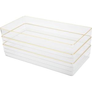 Martha Stewart Kerry Plastic Stackable Office Desk Drawer Organizers, 3″ x 3″, 12 Pack, with Gold Trim(12″ x 6″)