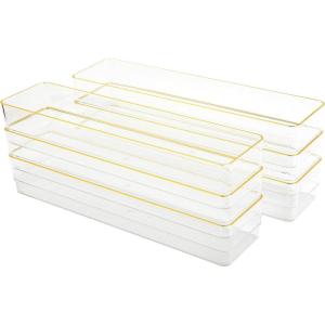 Martha Stewart Kerry Plastic Stackable Office Desk Drawer Organizers, 6″ x 3″, 6 Pack, with Gold Trim(12″ x 3″)
