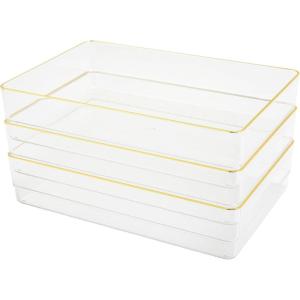 Martha Stewart Kerry Plastic Stackable Office Desk Drawer Organizers, 6″ x 3″, 6 Pack, with Gold Trim(9″ x 6″)