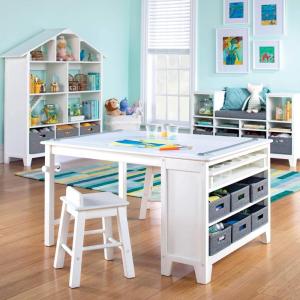 Martha Stewart Kids’ Art Table and Stools Set – Gray: Wooden Kids’ Activity Table and Chairs Set w/Storage, Bins Paper Roll for Coloring & Craft Activities | Study & Play Desk for Playroom Furniture(Linen White)
