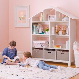 Martha Stewart Kids’ Deluxe Dollhouse Bookcase – Gray: Kids Wooden Bookshelf and Tall Book Shelf Organizer with Toy Storage | Toddler Book Rack | Dollhouse Bookshelf | Playroom or Bedroom Storage(Linen White)