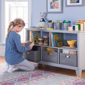 Martha Stewart Kids’ Low Bookcase (Gray) – 24 Inch Wooden Storage Organizer Cubby with Fabric Bins for Playroom and Bedroom(Grey)