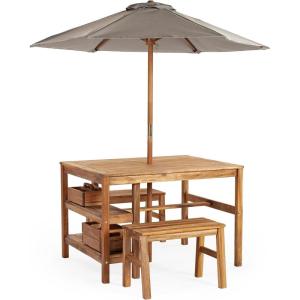 Martha Stewart Kids Outdoor Craft Table, Benches & Umbrella Set: Acacia Wood Activity Desk w/Crate, Caddy, Storage Shelves | Kids Play & Picnic Table w/Benches & Umbrella for Backyard, Patio, Garden
