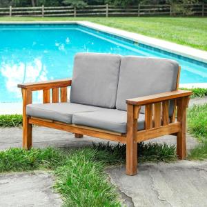 Martha Stewart Kids Outdoor Sofa Chair: Natural Acacia Wood Outdoor Couch for Kids w/Gray Polyester Cushions, 10″ Seat Height | Montessori Furniture for Backyard, Patio, Garden, Porch