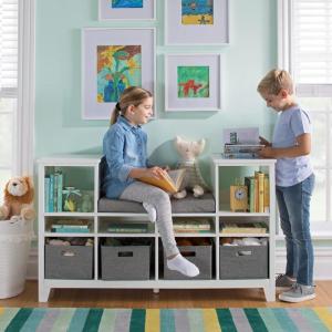 Martha Stewart Kids’ Reading Nook – Gray: Wooden Storage Bench Bookcase Organizer with Seat Cushion, Book Shelves, and Fabric Bins for Bedroom or Playroom(Linen White)