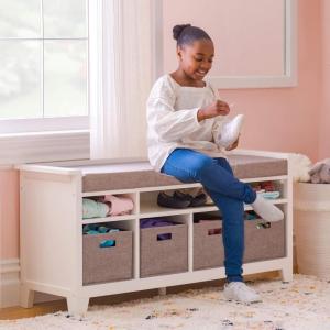Martha Stewart Kids’ Storage Bench Gray: Wooden Toy and Book Organizer with Shelves, Built-in Cushion and Fabric Bins for Playroom and Bedroom(Linen White)