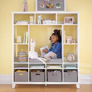 Martha Stewart Kids’ Storage System – Linen White: Wood Bookshelf Cubby with Seat Cushion, Shelves and Storage Bins; Reading Nook Bookcase and Kids Room Storage Bench(Linen White)