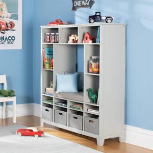 Martha Stewart Kids’ Storage System – Linen White: Wood Bookshelf Cubby with Seat Cushion, Shelves and Storage Bins; Reading Nook Bookcase and Kids Room Storage Bench(Grey)