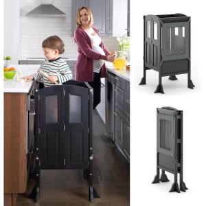 Martha Stewart Kitchen Helper ® Toddler Tower – Charcoal: Kids Folding Wood Kitchen Platform, Adjustable Height Step Stool for Toddlers | Little Kids Learning Furniture(Charcoal)